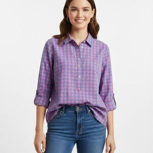 Vineyard Vines Blyden Button Down Tunic Womens 12 Blue Pink Check Long Sleeve